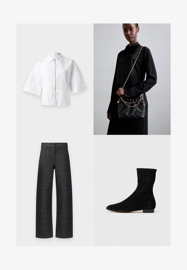 Valge lühikeste varrukatega pluus, millel on kraega kaelus ja ees lukk. Sile tekstuur ning minimalistlik disain, ilma mustrite või aktsentideta.; Laiad püksid mustast denimist. Omavad tekstuurset viimistlust, puhtast vööst ja ilma nähtava riistvarata või taskuteta.; Musthave mustan nahast pahkluu saabas, millel on kitsas vars, terav nina ja madal plokk-konts. Pehme tekstuur ja minimalistlik disain, sobib mitmekesiseks stiliseerimiseks.; Must mustriga mustriga nahk käekott koos kogutud tipuga, kuldne ahel ja ristkülikuline kuju, hoitakse lihtsa tausta vastu.