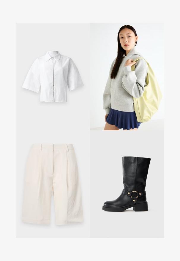 White short-sleeve blouse with a collared neckline and front zipper. Smooth texture with a minimalist design, no patterns or accents.; White linen shorts with a tailored design, pleated front, and wide leg openings. Smooth texture and mid-thigh length.; Black mid-calf leather boot with chunky heel and decorative strap featuring a gold circular buckle on a white background.; Gray oversized hoodie with a kangaroo pocket, paired with a navy flared skirt. Accessory: large light yellow backpack, smooth texture.