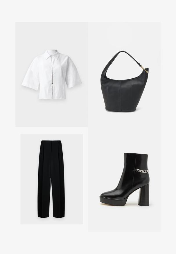Hvit kortermet bluse med krage og glidelås foran. Glatt tekstur med minimalistisk design, ingen mønstre eller dekorasjoner.; Svart vide bukser med høy livhøyde, med folder og en glatt tekstur. Stoffet virker lett og faller elegant.; Svart lakkert skinnankelstøvel med tykk plattform og høy blokkhel. Har en sølvkjedeakkent på siden. Glatt tekstur.; Svart lærveske med en rund form, bred stropp og strukturert overflate. Har en subtil sømdetalj og gullfarget beslag.