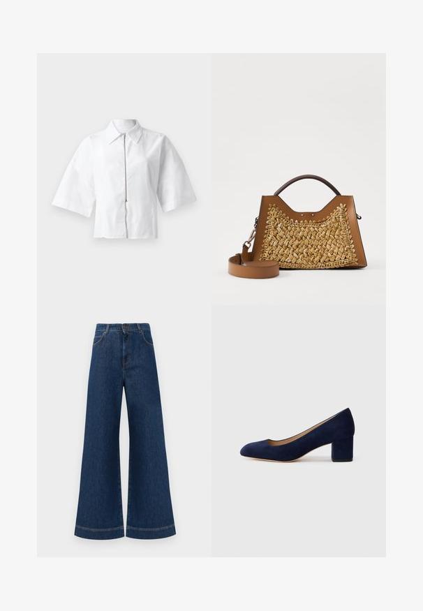 Blouse blanche à manches courtes avec un col et une fermeture éclair à l'avant. Texture lisse avec un design minimaliste, sans motifs ni accents.; Jeans en denim bleu à taille haute et jambes larges, avec une fermeture à bouton, des passants de ceinture et des détails de couture subtils le long des poches et des ourlets.; Escarpin en daim bleu marine avec un bout pointu et un talon bloc de hauteur intermédiaire. Texture lisse avec un subtil éclat et une petite découpe à l'avant.; Sac à main tan avec une façade en paille tissée, forme structurée, doubles poignées supérieures et bandoulière amovible. Détails texturés le long des bords.