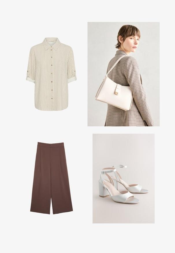 Camicia button-up con righe beige e crema, tessuto leggero, maniche corte arrotolate, dettaglio della tasca frontale, bottoni in legno.; Pantaloni ampi marroni con una texture liscia, caratterizzati da una vita alta e pieghe frontali. Il tessuto è leggero e scorre liberamente.; Sandali bianchi con tacco a blocco, punta aperta, cinghie alla caviglia e fibbie argentate su uno sfondo beige neutro.; Borsa a mano in pelle bianca con un design strutturato, presente di un clasp magnetico e una tracolla, esposta su uno sfondo neutro.