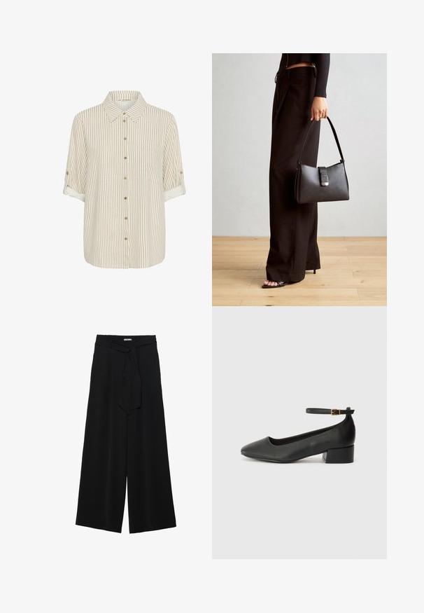 Švarkelis su mygtukais, smėlio ir grietinėlės dryžiais, lengvas audinys, trumpi sukrauti rankovės, priekinė kišenė, mediniai mygtukai.; Juoda plačių kojų kelnės, pagamintos iš tekstūruoto audinio, su elastingu juosmeniu ir atsegamu diržu juosmenyje, leidžiančiu reguliuoti dydį.; Juodas odinis aukštakulnis batelis su smailiu pirštu ir žemu bloku. Su kulkšnies dirželiu su auksinės spalvos sagtimi. Lygus paviršius.; Juodas rankinė struktūrizuota forma, lygi tekstūra ir metalinis užsegimas. Suporuota su plačiomis juodomis kelnėmis ir atvirais bateliais ant medinių grindų.