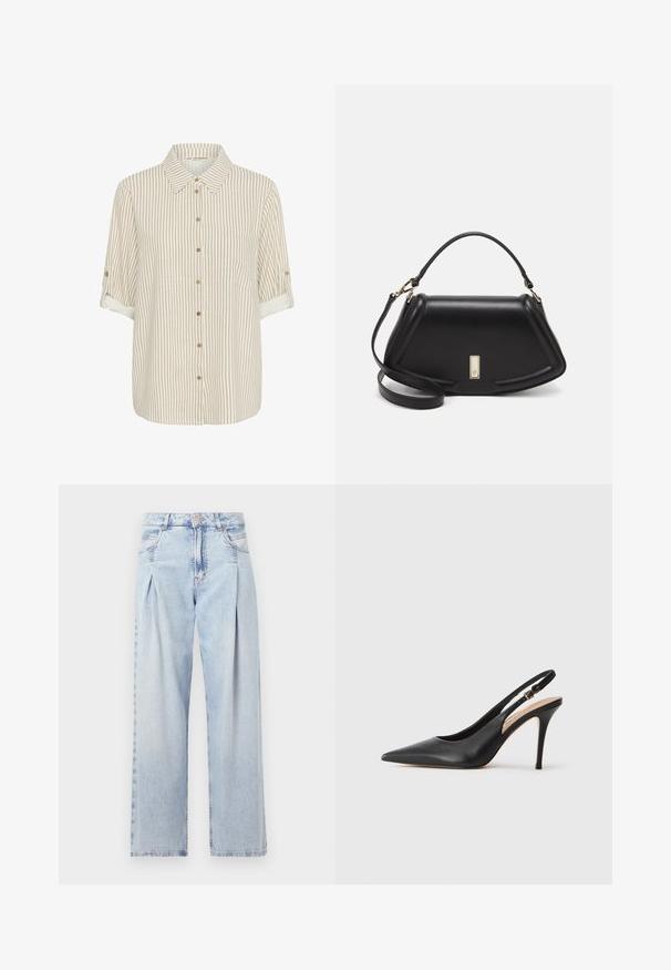 Button-up shirt in beige and cream stripes, lightweight fabric, short rolled sleeves, front pocket detail, wooden buttons.; Light blue denim jeans with a high waist, wide-leg cut, two side pockets, and pleated design feature. Soft texture with a faded finish.; Black leather slingback high heel shoe with a pointed toe, smooth texture, and a delicate strap featuring a metallic buckle.; Black leather handbag with a structured design, featuring a cropped shape, top handle, and gold hardware accent. Adjustable shoulder strap included.