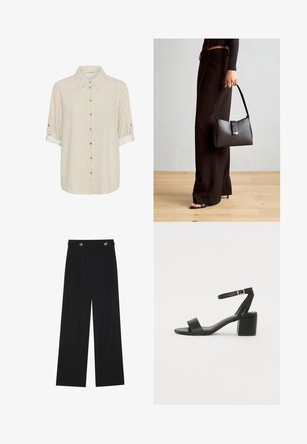 Beige ja kreemiribadega nööbitav särk, kerge kangas, lühikesed rullitud varrukad, ees tasku detail, puidust nupud.; Mustad laiad püksid kõrge vöökoha ja nööpdetailidega vööandil, esikortsudega.; Mustad mustakäpp featuring a sileda nahast ülemine osa, avatud varvas, laiad esistrapid ja reguleeritav pahkluu rihm kuldse pandlaga.; Must musta kott, millel on struktureeritud kuju, sile tekstuur ja metallist klamber. Kombineeritud laiate mustade pükstega ja avatud varvaste sandaalidega puidust põrandal.