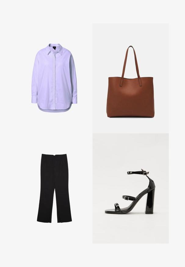 Hvid langærmet skjorte lavet af glat stof, med knaplukning foran, klassisk krave og sidelæg ved kanten for at give bevægelsesfrihed.; Sorte bukser med lige pasform, der har frontlommer og slidser i kanten. Lavet af blødt, glat stof. Velegnet til forskellige anledninger.; Sorte patenterede hælsandaler med firkantet tå, ankelremme og sølvspænder. Har en chunky blokHæl for stabilitet.; Brun læder tote taske med en glat overflade, åben topdesign og to skulderremme. Har minimal syning og ingen synlig hardware.