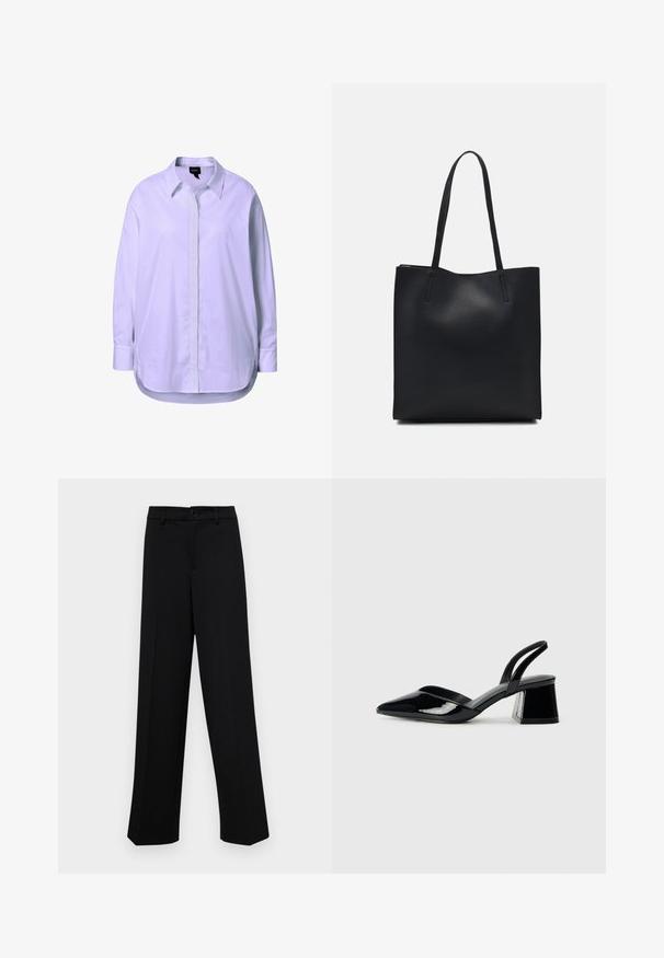 Weißes Langarmhemd aus glattem Stoff, mit durchgehender Knopfleiste, klassischem Kragen und seitlichen Schlitzen am Saum für Bewegungsfreiheit.; Schwarze, weit geschnittene Hosen aus glattem Stoff, mit einem klassischen Taillenbund und einem Knopfverschluss sowie vorderen Falten.; Schwarze Lackleder-Slingback-High Heels mit spitzem Schuh und einem geometrischen Blockabsatz. Verfügt über ein schlankes, minimalistisches Design und eine glatte Textur.; Schwarze Laptoptasche aus Leder mit glatter Textur, rechteckiger Form und zwei langen Griffen. Keine sichtbaren Beschläge oder Verzierungen.