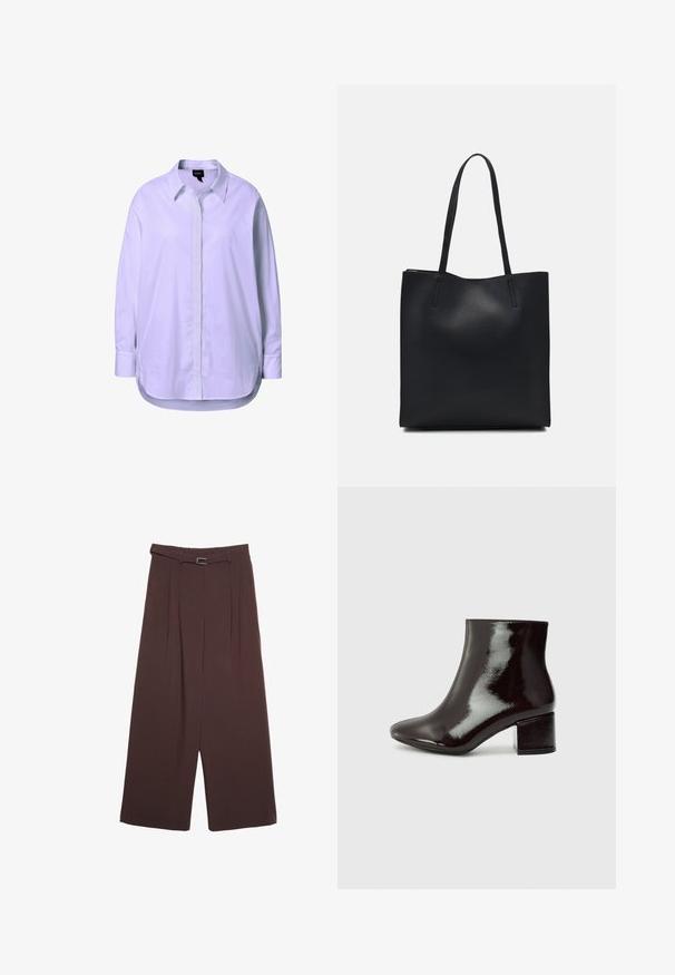 Bílá košile s dlouhým rukávem vyrobená z hladkého materiálu, s knoflíkovým zapínáním vpředu, klasickým límečkem a bočními rozparky v oblasti lemování pro snadnější pohyb.; Stradivarius WIDE-LEG WITH BUCKLE DETAIL - Kalhoty - dark brown; Černé lakované kožené kotníkové boty s špičatou špičkou a masivním podpatkem. Hladký povrch s jemným leskem a čisté linie, minimalistický design.; Černá kožená taška přes rameno s hladkým povrchem, obdélníkovým tvarem a dvěma dlouhými uchy. Žádné viditelné kování ani ozdoby.