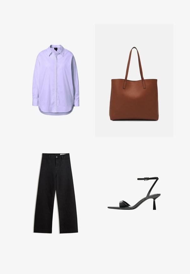 Vit långärmad skjorta i mjukt tyg, med knappstängning fram, klassisk krage och sidoklyftor vid fållen för ökad rörelsefrihet.; Svarta vida denimbyxor med hög midja, med fram- och bakfickor, sydda sömmar och knappstängning. Slät textur.; Bershka Sandaletter - black; Brun läder tote-väska med en slät textur, öppen toppdesign och två axelremmar. Har minimal söm och ingen synlig metalldetalj.
