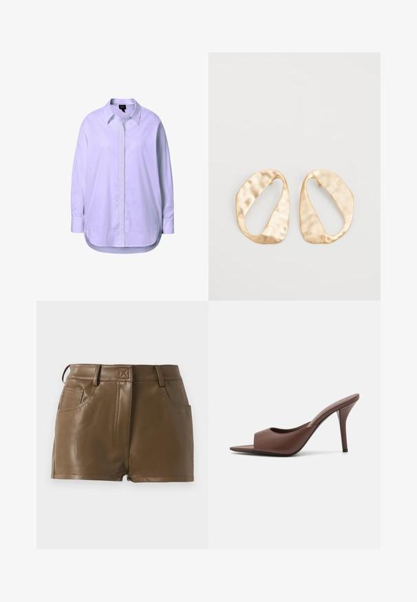 Weißes Langarmhemd aus glattem Stoff, mit durchgehender Knopfleiste, klassischem Kragen und seitlichen Schlitzen am Saum für Bewegungsfreiheit.; Braune Kunstleder-Shorts mit tailliertem Schnitt, Bund mit Gürtelschlaufen, frontale Taschen und sichtbaren Steppnähten.; Braune Leder-Open-Toe-Hochhackige Mules mit einem eleganten Design, das einen breiten Vorderriemen und einen schlanken Stiletto-Absatz aufweist.; Ein Paar unregelmäßige, oval geformte Ohrringe aus goldfarbenem Metall mit einer strukturierten, leicht gehämmerten Oberfläche auf weißem Hintergrund.