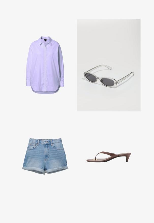 Weißes Langarmhemd aus glattem Stoff, mit durchgehender Knopfleiste, klassischem Kragen und seitlichen Schlitzen am Saum für Bewegungsfreiheit.; Jeans Shorts in hellem Blauton, hochgeschlossen mit Knopfverschluss, fünf Taschen und umgeschlagenen Säumen. Glatte Textur, klassisches Design.; Braune, mit Absatz versehene Flip-Flop-Sandale mit einem schmalen Riemen und abgerundetem Zehensteg, der ein kleines goldfarbenes Akzent auf dem Fußbett aufweist.; Sonnenbrille mit ovaler Form, klarem Kunststoffrahmen, dunkelgrauen Gläsern und dünnen transparenten Bügeln mit Logo-Akzenten und minimalen Details.; Weiße synthetische Handtasche in dreieckiger Form, flache Vorderklappe und Schleifendetail, verstellbarer Trageriemen, glatte Textur und minimalistisches Design.