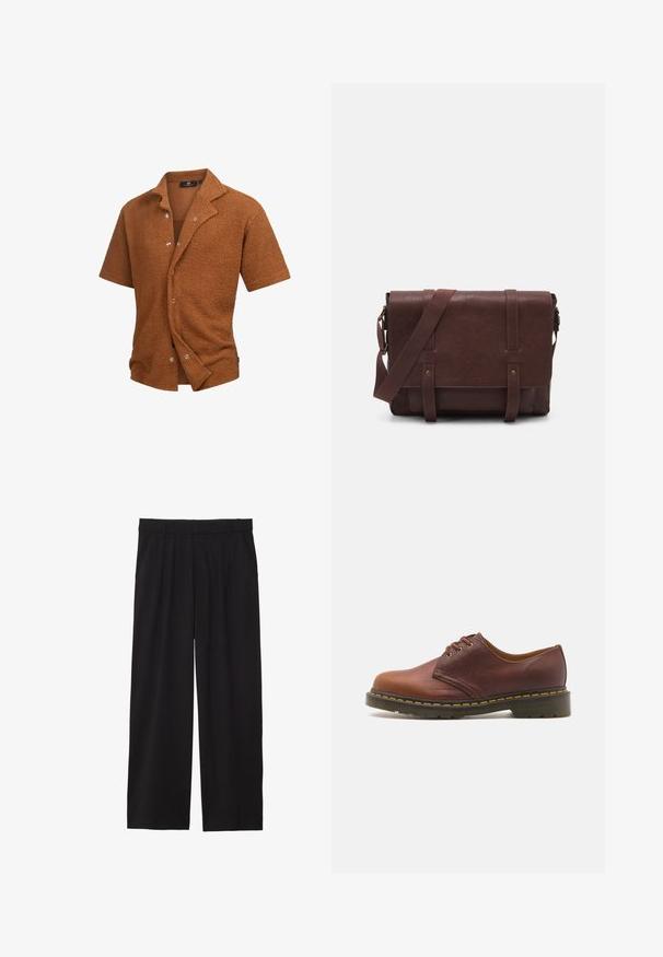 Chemise à manches courtes en tissu texturé brun, avec un col à revers et des boutons argentés à l'avant. Design décontracté et coupe ample.; Pantalons larges noirs avec un devant plissé, des poches latérales et une texture de tissu lisse. Conçus pour un ajustement décontracté.; Chaussure en cuir marron avec une finition lisse, bout rond et laçage à cinq œillets. Présente des coutures jaunes le long de la semelle et un talon texturé.; Sac en cuir marron de style messager avec un rabat plat à l'avant, deux sangles, des accents en métal doré et une bandoulière adjustable.