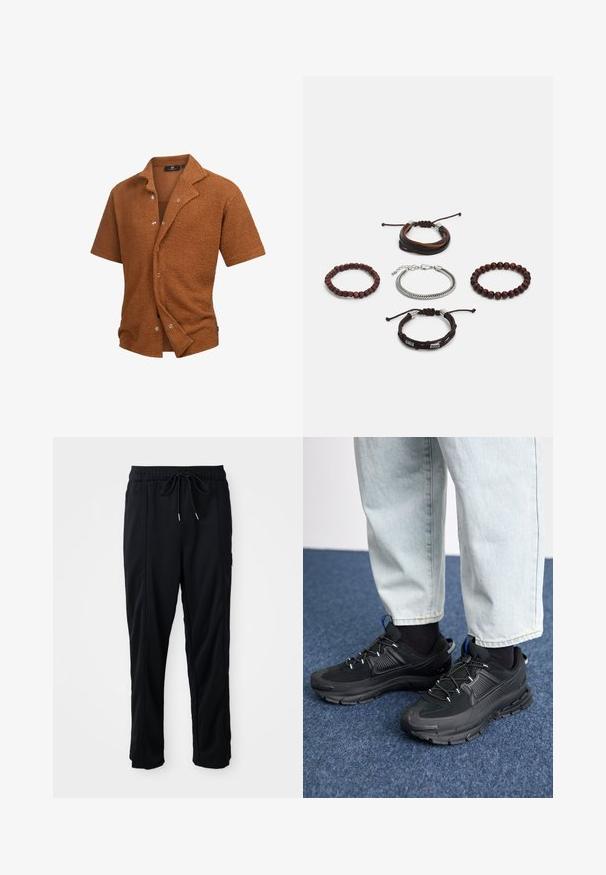 Camicia a maniche corte in tessuto marrone testurizzato, con colletto a scollatura a V e bottoni argentati davanti. Design casual e rilassato.; Pantaloni casual neri con elastico in vita, tasche laterali e taglio dritto su uno sfondo uniforme.; Scarpe sportive nere con tessuto testurizzato e suole in gomma, dotate di lacci elastici e un accento blu sul tallone. Indossate con pantaloni in denim chiaro.; Set di cinque bracciali caratterizzati da pelle marrone, perline di legno e una catena in argento; texture e forme variabili, con chiusure regolabili.