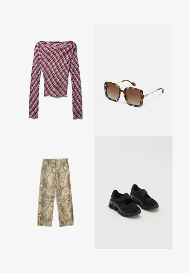 Rot-, weiß- und schwarz-karierter Langarm-Oberteil mit weitem Ausschnitt und figurnaher Silhouette, präsentiert vor einem weißen Hintergrund.; Tarnhosen mit einem mehrfarbigen grünen und braunen Blättermuster, ausgestattet mit einem klassischen Fünf-Taschen-Design und einem lockeren Schnitt.; Schwarze Sportschuhe mit Mesh-Obermaterial, sicherem Riemen über dem Mittelfuß, dicke Sohle mit abgerundeten Ausschnitten und strukturierten Details an den Seiten.; Braune Schildpatt-Sonnenbrille mit quadratischer Form, abgedunkelten Gläsern und goldenen Metalldetails an den Schläfen und Bügeln. Texturierte Oberfläche.; Desigual Handtasche - brown