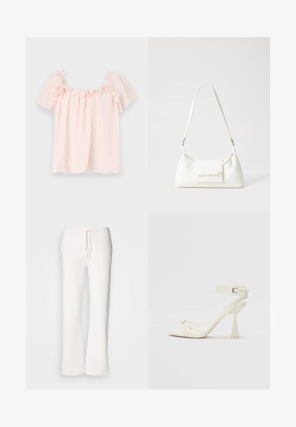 Gaiši rozā blūze ar viļņotu apkakli un īsām, puffētām piedurknēm. Mīksta auduma, ar ziedu akcentu kreisajā plecā. Brīvs piegriezums.; Baltas, brīvi pieguļoši sporta bikses, izgatavotas no mīkstas auduma, ar elastīgu jostu un aukliņu, kā arī taisna kāju dizainu.; Balti ādas striķu augstpapēžu sandales ar elegantu dizainu, caurspīdīgu blokveida papēdi un dekoratīvu elementu pirksta daļā.; Balta sintētiska soma ar trīsstūrveida formu, plakanu priekšējo vāciņu un loku detaļu, regulējamu siksnu, gludu tekstūru un minimālistisku dizainu.