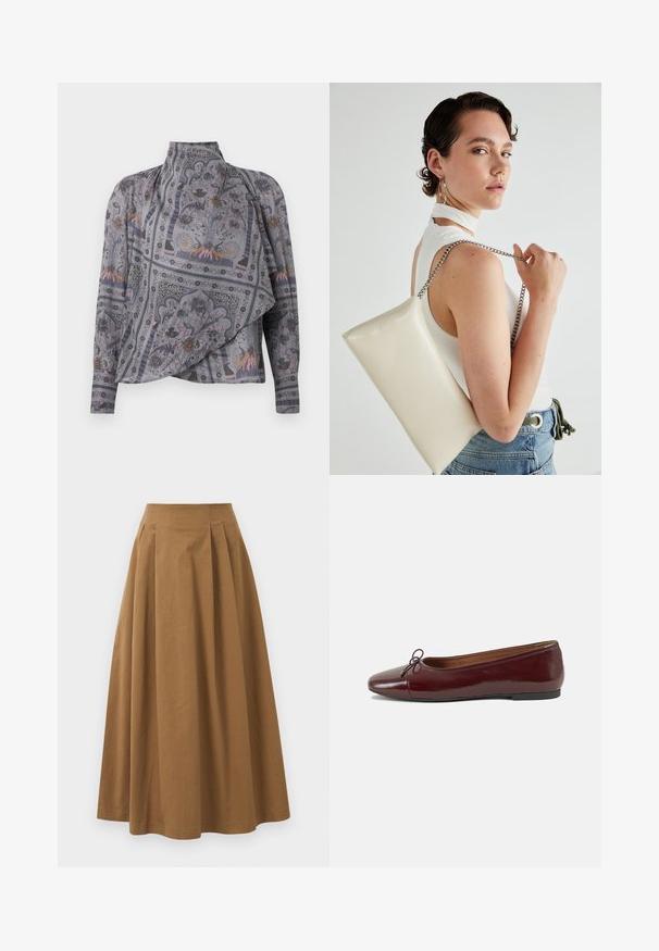 Graues, gemustertes Langarmbluse mit hohem Kragen. Verziert mit zarten Blumen- und Tiermotiven, mit fallender Textur und einem fließenden Schnitt.; Brauner Baumwoll-A-Linien-Rock mit hoher Taille, der vorne Falten aufweist und eine glatte Textur hat. Der Saum ist sauber und einfach verarbeitet.; Burgunderfarbenes, lackiertes Ballettschuh mit abgerundetem Zehenbereich, kleiner Schleifenakzent vorne und einer niedrigen, schwarzen Gummisohle. Glatte Textur.; Weiße rechteckige Clutch aus glänzendem Material mit einem silbernen Kettenriemen. Das Model posiert und präsentiert die Tasche vor einem schlichten Hintergrund.