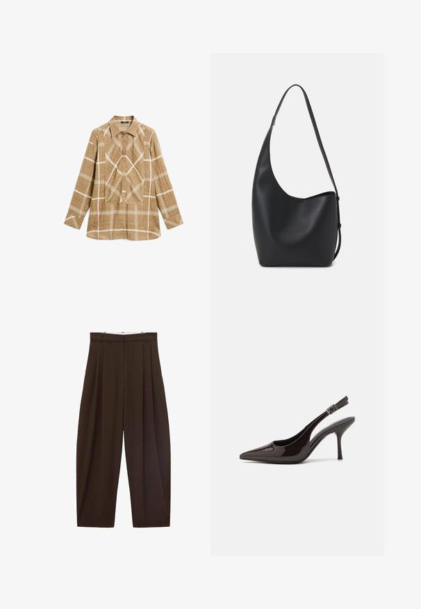 Camicia a maniche lunghe a quadri con tessuto leggero, con motivo a griglia bianca. Presenta un colletto a punta e un dettaglio di piega centrale.; Pantaloni marroni a vita alta con pieghe, realizzati in tessuto morbido. Vestibilità ampia, design a gamba dritta, dotati di passanti per cintura e chiusura con zip.; Scarpa con tacco alto tipo slingback in pelle verniciata marrone scuro lucido, punta affusolata, lati aperti e cinturino alla caviglia regolabile.; Borsa hobo nera in pelle con una superficie liscia, forma curvata e una singola tracolla regolabile; presenta un'ampia apertura nella parte superiore.