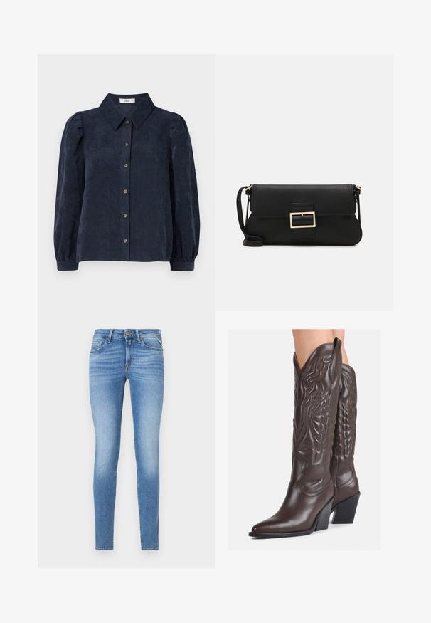Cămașă din bumbac în nuanța bleumarin, cu guler, închidere cu nasturi în față și mâneci puff. Prezintă o textură ribbed verticală.; Jeansi din denim de culoare albastră deschisă, cu croială slim-fit, talie medie, închidere cu nasture frontal și design cu cinci buzunare.; Bocanci de cowboy din piele maro, cu vârf ascuțit și toc pătrat, având cusături detaliate și accente ridicate pe tijă.; Geantă de mână din piele neagră, cu clapetă și un detaliu din metal auriu. Include o curea neagră și un design elegant, minimalist.; Cercei cercuri din aur cu un finisaj neted și strălucitor. Design circular cu un mic suport și un spate transparent pentru o purtare sigură.