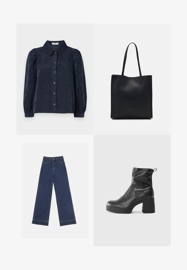 Navy blue corduroy shirt with a collared neckline, front button closure, and puffed sleeves. Features vertical ribbed texture.; Wide-leg jeans in dark blue denim. Features five pockets, belt loops, and a raw hem at the bottom with visible stitching details.; Black ankle boots made of smooth leather, featuring a side zipper, chunky textured heel, and rounded toe design.; Black leather tote bag with smooth texture, rectangular shape, and two long handles. No visible hardware or embellishments.