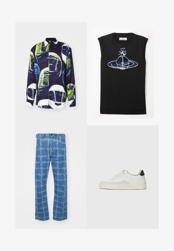 MSGM CAMICIA - Vapaa-ajan kauluspaita - black; Mustat hihattomat t-paidat, joissa on sininen ja valkoinen graafinen suunnittelu planeettaa muistuttavasta hahmosta, jossa on renkaat ja satelliittielementtejä. Pehmeää puuvillamateriaalia.; Siniset farkut, joissa on suora lahje ja valkoinen toistuva "Vivienne Westwood" -teksti. Klassinen viiden taskun malli.; Valkoiset tennarit, joissa on nahkaosia, pyöreä kärki, tasaiset nauhat ja kermaisa kumi-pohja. Takana vihreä brändäys.