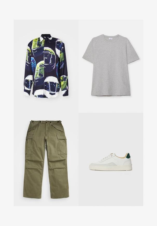 MSGM CAMICIA - Chemise - black; T-shirt gris à manches courtes fabriqué en tissu doux et texturé. Présente un col rond classique et un ourlet droit, idéal pour une tenue décontractée.; Pantalons cargo vert olive en tissu texturé, dotés de multiples poches avant et latérales et d'une couture renforcée sur les coutures.; Baskets blanches avec des accents en daim, bout arrondi, lacets plats et semelle en caoutchouc crème. Présente une marque verte sur le talon.