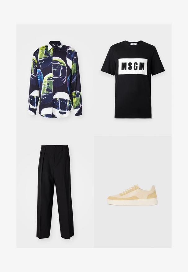 MSGM CAMICIA - Ing - black; Fekete pamut póló rövid ujjal, elöl fehér téglalap alakú logóval, amelyen a "MSGM" felirat vastag fekete betűkkel szerepel.; Fekete, pliszírozott nadrág, egyenes, széles lábakkal. Sima anyagból készült, gombos záródással és övhurkokkal rendelkezik.; Világos sárga velúr és bőr sportcipők, párnázott talppal és varrott részletekkel. Klasszikus fűzős kialakítás, lekerekített orral.