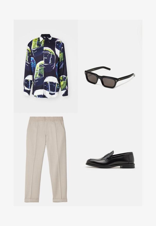 MSGM CAMICIA - Krekls - black; Filippa K TERRY CROPPED TROUSERS - Auduma bikses - sage melange; Melnas ādas kurpes ar gludu tekstūru, noapaļu purngalu un dekoratīvu siksniņu pāri priekšpusei. Zems sakrauts papēdis, minimālisma dizains.; Melnas taisnstūra formas saulesbrilles ar tumšiem stikliem, bieza plastmasas rāmja, zelta akcenti pie tempļiem un zīmola logo iegravēts roku daļā.