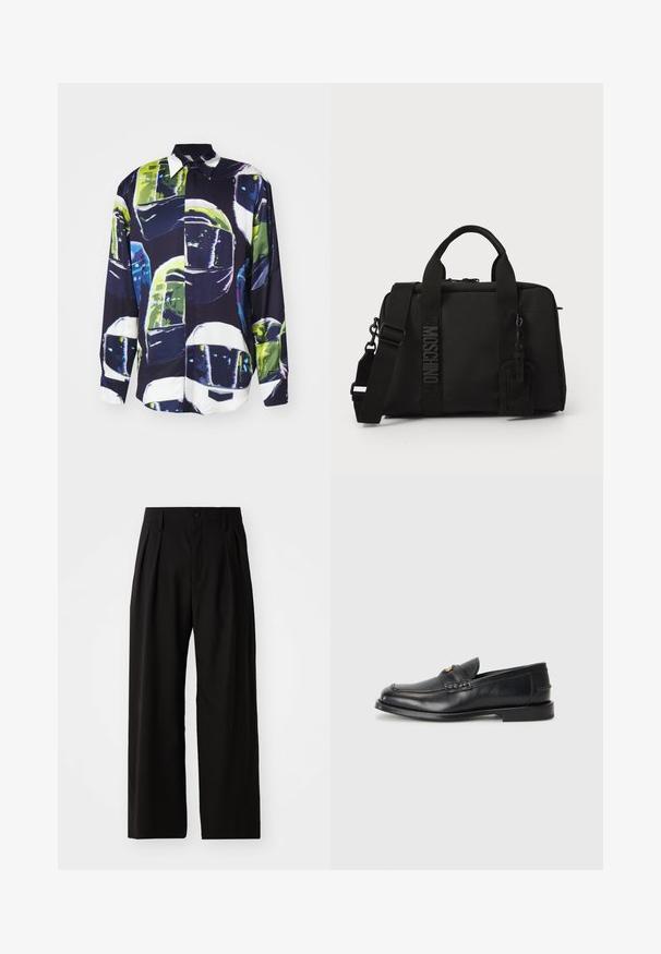 MSGM CAMICIA - Skjorta - black; Svarta vida byxor med en slät textur, utrustade med två framfållar, knappstängning och sidofickor. Hållbart tyg.; Svarta läderloafers har en rund tå, sömnadsdetaljer och en liten guldaccent framtill. Sulan är platt och diskret.; Svart textilväska med dubbla handtag och avtagbar axelrem. Har präglad logotyp och lädretikett. Slät yta, rektangulär form.