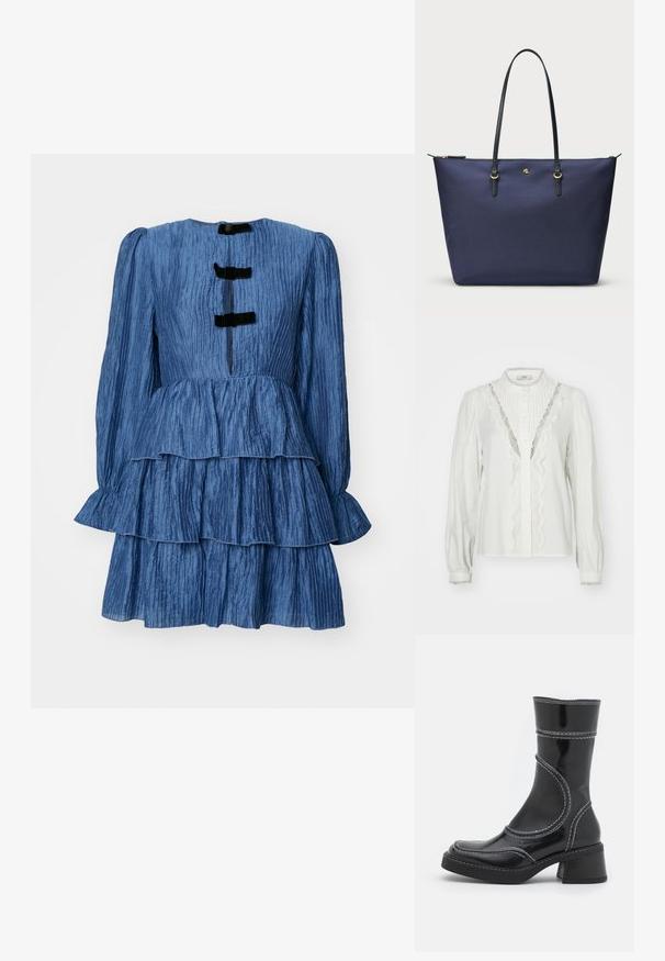 Valkoinen toppi, jossa on kerätty hihansuun, pystysuuntaiset poimutukset ja pitsireunus nappilistan ympärillä. Varustettu nappikiinnityksellä ja koristeellisilla hihansuilla.; Sininen, kerroksittain oleva mekko pitkillä hihoilla, ribbikuvioinnilla, pyöreällä pääntiellä ja kolmella mustalla samettikoristeella takana.; Musta lakattu nahkasaapas nilkkamallissa, jossa on valkoiset ompeleet, pyöreä kärki ja lohkarekorko. Ominaisuuksiin kuuluvat kaarevat muotoilulinjat ja sileä pinta.; Tummansininen kassi, joka on valmistettu teksturoidusta kankaasta, mustilla nahkahandleilla ja kultaisilla yksityiskohdilla. Vetoketjukiinnitys ylhäällä.