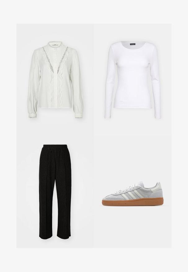 Blusa branca com mangas franzidas, pregas verticais e acabamento em renda ao longo da paleta. Apresenta fecho com botões e punhos decorativos.; Top branco canelado de mangas longas com um decote redondo. Feito de um tecido elástico que se ajusta ao corpo. Apresenta linhas horizontais sutis.; Calças largas e pretas com riscas verticais brancas, apresentando uma cintura elástica para conforto e uma textura suave e macia.; Sapatilha de camurça cinza claro com acabamentos em pele branca, três riscas brancas e sola de borracha castanha, apresentando um colarinho almofadado para conforto.