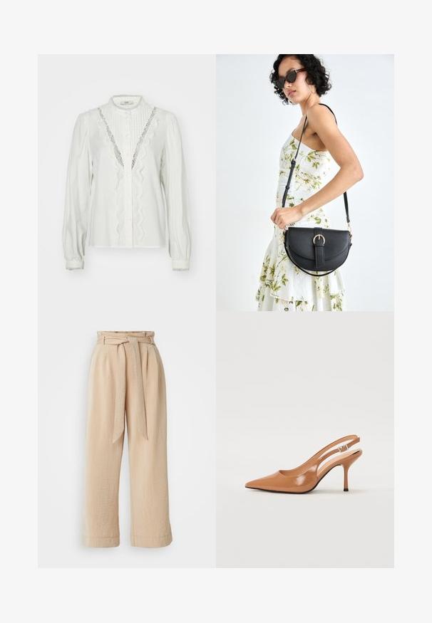 Baltā blūze ar saplacinātām piedurknēm, vertikālām krokām un mežģīņu apdari gar pogu rindas. Ir pogu aizdare un dekoratīvi aproces.; Beiza plaša kāju bikses ar siksnu viduklī, izgatavotas no strukturētas auduma. Iekļauj priekšējo krokā un gludu apdari gar apakšu.; Izteikts pirksta siksnas zābaks, izgatavots no gludas, spīdīgas brūnas materiāla. Piedāvā izliekta izgriezuma dizainu un smalku stiletto papēdi. Sudraba sprādze.; Melnas ādas rokassoma ar izliekta formu, noņemamu siksnu un zelta aksesuāriem. Somai ir vāciņš ar sprādzes detaļu.