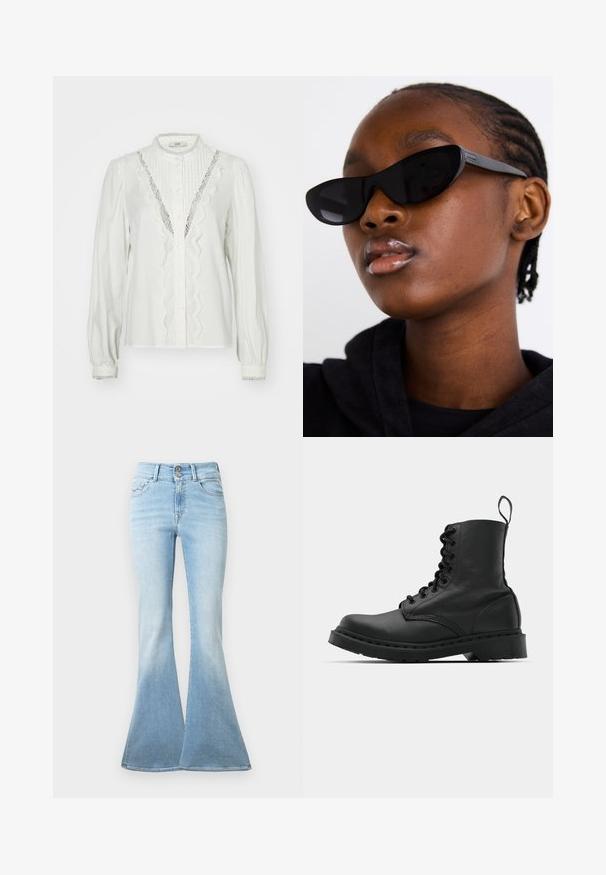 Balta palaidinė su susiraukšlėjusiomis rankovėmis, vertikaliomis raukšlėmis ir nėrinių apdaila prie užsegimo. Su mygtukų uždarymu ir dekoratyviais riešais.; Šviesiai mėlynos bei išsiplėtusios džinsinės kelnes. Jos pasižymi aukštu liemeniu su dviem mygtukais ir nedideliu išblukimu link krašto. Klasikinis penkių kišenių dizainas.; Juodas odinis kovinis botas su apvalioms pirštams, šnerviniu priekiniu užsegimu ir užtraukiamu užtrauktuku prie kulkšnies. Ypatybė - storas guminis padas, užtikrinantis ilgaamžiškumą.; Juodi katės akies akiniai su matinio paviršiaus apdaila, pasižymintys elegantišku dizainu ir švelniai išlenktais kraštais, derinami su modelio tamsiais drabužiais.; Sidabriniai auskarai su sklandžiu, poliruotu paviršiumi. Apvalios formos ir saugus uždarymo mechanizmas. Lengvas dizainas, tinkantis kasdieniam dėvėjimui.