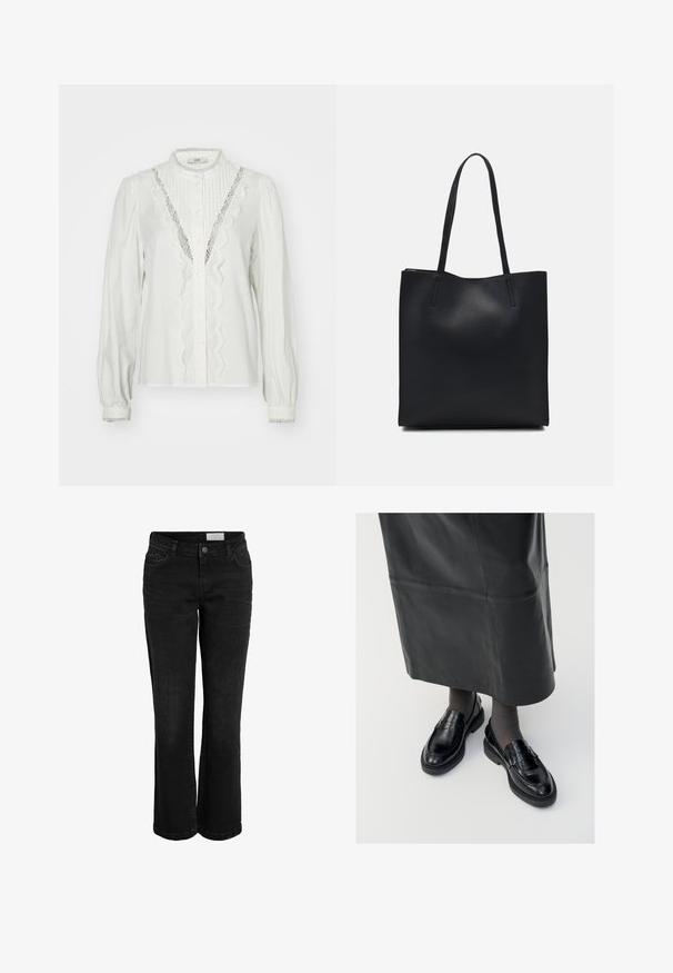 Valge pluus kokkuvõtete varrukatega, vertikaalsete voldidega ja pitsist äärisega nööbiliistul. Omab nööbiga sulgemist ja dekoratiivseid mansette.; Mustad denimehased, millel on laienev lõige, viie tasku disain ja nööp sulgemine. Omab peeneid õmblusi ja klassikalist vöökohta.; Mustad nahast loafertossud sileda pinnaga, dekoratiivse rihma, ümarate varvaste ja tekstuuriga tallaga. Kanda pikkade mustade nahkseelikutega.; Mustast nahast kott sujuva tekstuuriga, ristkülikukujuline ja kahe pika sangaga. Pole nähtavat riistvara ega kaunistusi.