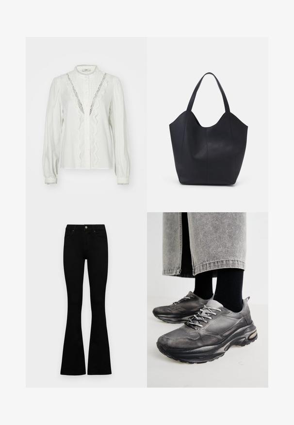 Bijela bluzica s nabranim rukavima, vertikalnim plisama i čipkastim rubom uz dugmad. Ima zatvaranje na dugmad i dekorativne manžete.; Crne traperice viskog struka s kopčanjem na gumb i rajfeslusu, prednjim džepovima i širom nogavicama položene su ravno na bijeloj pozadini.; Crne i sivo sportske cipele imaju mrežastu gornjište, debele potplate i vezice. Imaju zaobljen vrh i vidljive detalje s jastučićima.; Crna torba od glatke kože, s zakrivljenim otvorenim vrhom, dva remena za rame i minimalističkim dizajnom.