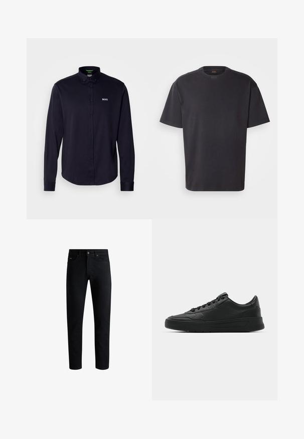 Tengerészkék hosszú ujjú, gombos ing, gallérral, fehér "BOSS" logóval a mellkason, sima, texturált anyagból készült.; Fekete, rövid ujjú pamut póló, kerek nyakkivágással és diszkrét márkázással a gallérnál. Sima textúra, laza szabással.; Fekete, slim-fit farmernadrág, öt zsebbel, gombos záródással és övbújtatókkal, fehér háttér előtt bemutatva.; Fekete sneaker sima bőr felsőrésszel, kerek orral, lapos fűzőkkel, párnázott nyakkal és minimalista dizájnnal. Gumi talp finom profillal.