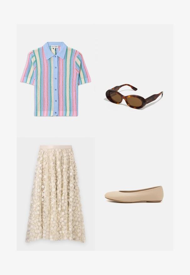 Kortærmet strikskjorte med blå krave, prydet med lodrette striber i pink, grøn, creme og blå. Letvægts, struktureret materiale.; Blomsterbroderi på en gennemsigtig, cremefarvet nederdel med satinliv. Designet har små, delikate blomster og blade.; Beige læder balletflade med afrundet tå, minimal sømdetaljering, lav hæl og subtilt logo på bagsiden. Glat, mat tekstur.; Skildpaddeskals-solbriller med ovale linser, brun nuance, og gyldne detaljer på stængerne. Kraftige rammer med en blank overflade og glat tekstur.