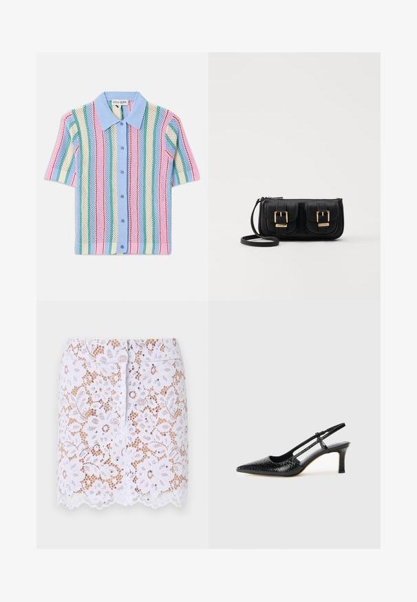 Short-sleeve knit shirt with blue collar, featuring vertical stripes in pink, green, cream, and blue. Lightweight, textured material.; White lace skirt with floral pattern, scalloped hem, and discreet embellishments. Features a fitted design and concealed back zipper.; Black patent slingback heel with a pointed toe, featuring textured snake print, adjustable strap, and a short, textured block heel.; Black leather crossbody bag with two front pockets, gold buckles, zipper closure, and a slim strap. Textured surface and compact rectangular shape.