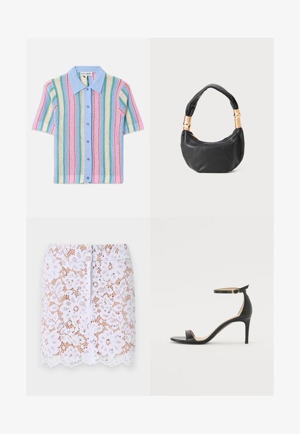 Īsām piedurknēm adīta krekls ar zilu apkakli, kam ir vertikālas svītras rozā, zaļā, krēmkrāsā un zilā krāsā. Viegls, teksturēts materiāls.; Balta mežģīņu svārku ar ziedu rakstu, viļņotu apakšmalu un diskretām rotājumam. Iespējo pieguļošu dizainu un slēptu aizmugures rāvējslēdzēju.; Melnas ādas augstpapēžu sandales ar potītes siksniņu. Iezīmes gluda tekstūra, atvērta purngala un plāna papēža. Zelta krāsas sprādzes detaļa.; Melnas ādas rokassoma ar apaļu formu, mīkstu tekstūru un mezgla rokturi, kas rotāts ar zelta tonētiem aksesuāriem. Ar rāvējslēdzēja aizdari.