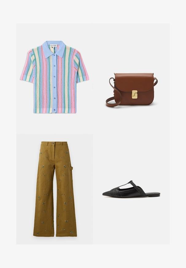 Short-sleeve knit shirt with blue collar, featuring vertical stripes in pink, green, cream, and blue. Lightweight, textured material.; Wide-leg pants in olive green fabric with floral embroidery. Features a button closure and side pocket. Textured stitching detail throughout.; Black leather slingback shoe with a pointed toe, featuring a woven accent and pleated upper design. Flat sole with minimal hardware.; Brown leather handbag with a flap closure, gold-tone hardware, a shoulder strap, and a smooth texture. Compact rectangular shape.