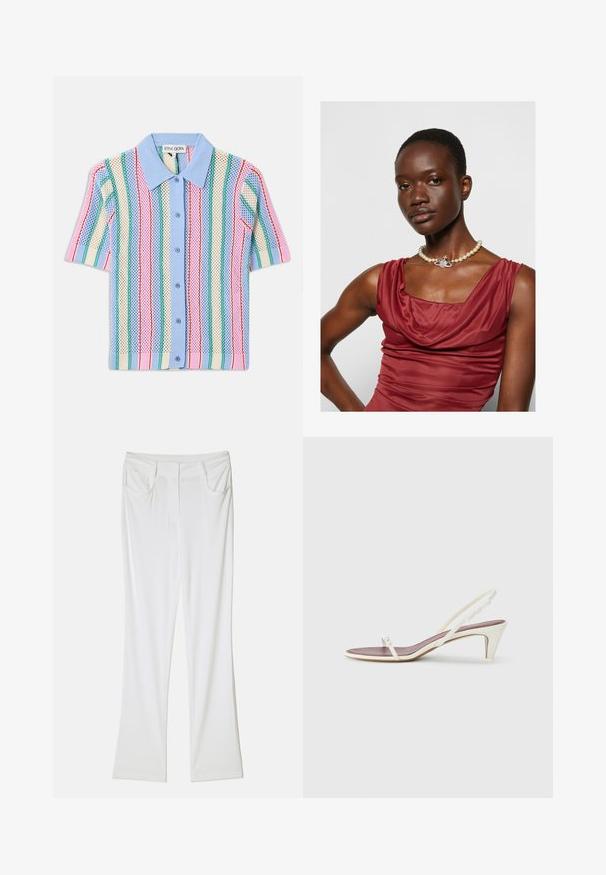 Kortærmet strikskjorte med blå krave, prydet med lodrette striber i pink, grøn, creme og blå. Letvægts, struktureret materiale.; Hvide flagrende bukser med en glat tekstur, der har to forlommer og en syet talje for et tætsiddende look.; Hvide slingback sandaler med en let hæl, tynde stropper og en glat læderoverflade; har en lille dekorativ spænde.; Kjole med krave, dyb rød farve og en glat tekstur. Har en perlekæde med en dekorativ sølvaccent i midten.