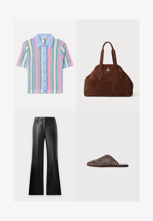 Kortærmet strikskjorte med blå krave, prydet med lodrette striber i pink, grøn, creme og blå. Letvægts, struktureret materiale.; Sorte læderflarede bukser med en glat tekstur, der har to frontlommer med sorte og brune accenter nær taljen.; Brun vævet slide sandal med rundt tådesign, åben konstruktion, flad sål og struktureret overflade. Letvægtsmateriale og minimalistisk silhuet.; Brun suede håndtaske med en struktureret form, rund krop og forlængede diamantformede håndtag. Har en hardwarelukning i sølv.