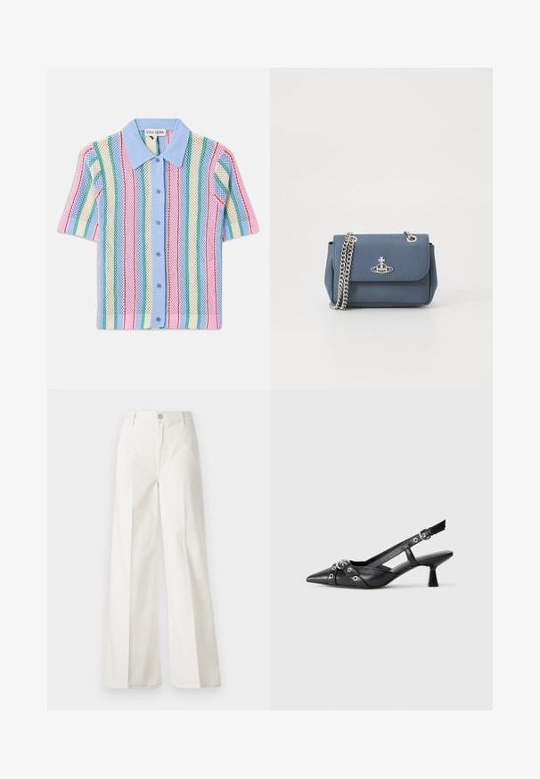 Kratka majica s kratkimi rokavi z modrim ovratnikom, ki ima navpične črte v rožnati, zeleni, smetani in modri barvi. Lahka, strukturirana tkanina.; Bele široke hlače iz bombaža z gladko teksturo. Imajo gumb spredaj, zadrgo in zasnovo z štirimi žepi.; Črne usnjene sandale središnje zaponke z ostro konico, okrasnimi trakovi z kovinskimi očesi in nizko blokasto peto. Teksturirana površina.; Modra textured umetna usnjena torbica z srebrno verigo in logotipom na sprednji strani. Zapiranje na sponko z obstojno zasnovo.