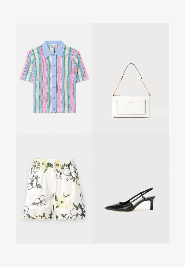 Kratka majica s kratkimi rokavi z modrim ovratnikom, ki ima navpične črte v rožnati, zeleni, smetani in modri barvi. Lahka, strukturirana tkanina.; Bele hlače z rožnatim vezenjem v rumeni, vijolični in črni barvi. Imajo elastičen pas in robove v obliki školjke. Zapiranje z vrvico.; Črne lakaste slingback pete s koničastim nosom, ki imajo teksturiran vzorec kačje kože, nastavljiv trak in kratek teksturiran blok peto.; Bela usnjena torbica z teksturirano površino, ki vključuje zlat pas in črne detajle. Ima sprednji žep in zadrgo.