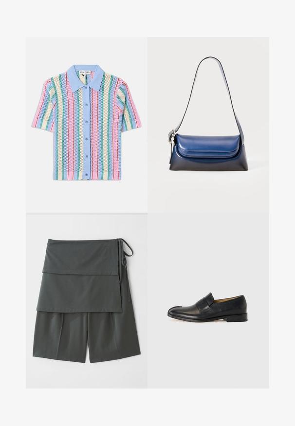 Koszulka dzianinowa z krótkim rękawem z niebieskim kołnierzykiem, ozdobiona pionowymi paskami w kolorze różowym, zielonym, kremowym i niebieskim. Lekki, teksturowany materiał.; Ciemnoszare uniwersalne szorty o warstwowej konstrukcji, z górnym panelem i troczkami po bokach. Wykonane z gładkiego, lekkiego materiału.; Czarne skórzane mokasyny o gładkiej teksturze, zaokrąglonym nosku i wyraźnym pasku z przodu; charakteryzują się minimalistycznym designem.; Granatowa skórzana torebka o gładkim wykończeniu, charakteryzująca się zaokrąglonym kształtem, złożonym topem i pojedynczym paskiem na ramię. Dołączony akcent z srebrnym wykończeniem.