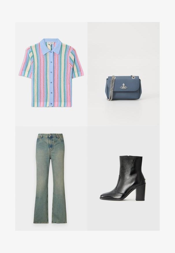 Kratka majica s kratkimi rokavi z modrim ovratnikom, ki ima navpične črte v rožnati, zeleni, smetani in modri barvi. Lahka, strukturirana tkanina.; Svijetloplave traper hlače s proširenim nogavicama i visokim strukom, pet džepova i patentnim zatvaračem. Čist, izbjeljeni izgled s suptilnim detaljima šivanja.; Črne usnjene gležnarske čevlje z gladko teksturo, koničastim nosom in debelim visokim petam. Imajo stransko odprtino in minimalističen dizajn.; Modra textured umetna usnjena torbica z srebrno verigo in logotipom na sprednji strani. Zapiranje na sponko z obstojno zasnovo.
