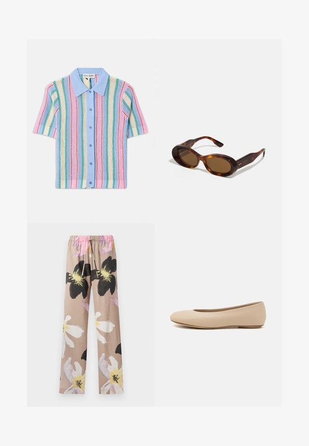 Maglietta a manica corta in maglia con colletto blu, caratterizzata da righe verticali in rosa, verde, crema e blu. Materiale leggero e texturizzato.; Pantaloni a stampa floreale in beige con grandi fiori bianchi e neri, dotati di un elastico in vita e un laccetto rosa.; Ballerine in pelle beige con punta arrotondata, dettagli di cucitura minimi, tacco basso e logo discreto sul retro. Texture liscia e opaca.; Occhiali da sole tartaruga con lenti ovali, tonalità marrone e accenti dorati sulle aste. Montatura spessa con una finitura lucida e una texture liscia.