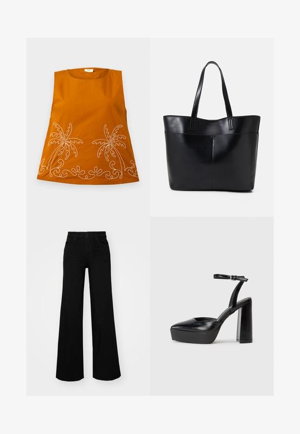 Oransje ermeløs topp med hvit palmetre broderi og bølgende mønster på kanten. Glatt bomullsstoff, rund halslinning og løs passform.; Svart vide bukser laget av denim, med en strukturert midjebånd, beltestropper og frontlommer. Glatt tekstur med et klassisk design.; Sorte plattformhelter med spiss tå og justerbar ankelrem. Laget av glatt lær, med en robust blokkhel.; Svart lær toteveske med to lange håndtak, en glatt tekstur og en strukturert form. Har en frontlomme for ekstra oppbevaring.