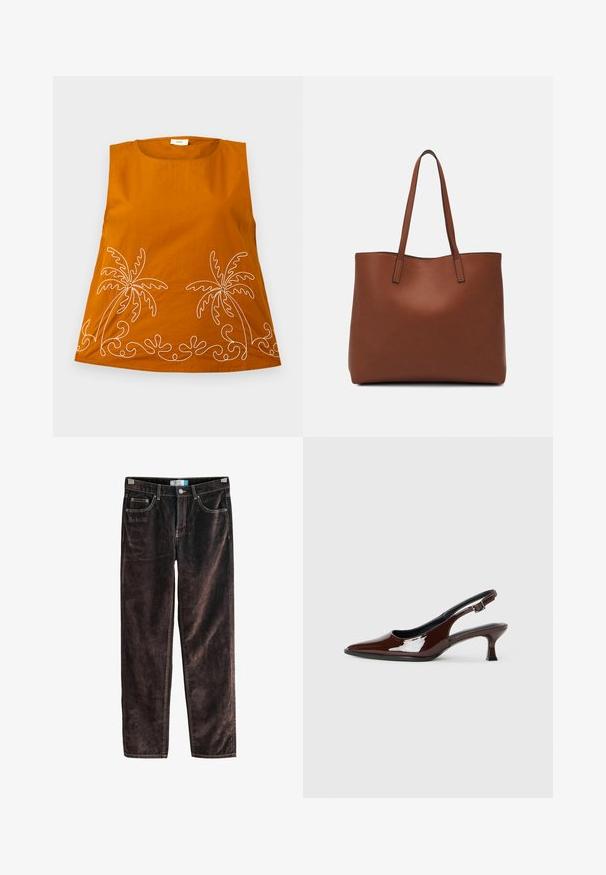 Orange ärmlös topp med vit palmtoppsbroderi och vågiga mönster i nederkanten. Slät bomullstyg, rundad halsringning och avslappnad passform.; Bruna kordflodbyxor med rak benmodell, fem fickor, kontrasterande sömmar och knappstängning i midjan. Mjuk textur med ribbat mönster.; Brun lackläder slingback-sko med spetsig tå och en måttlig klack. Utrustad med en spännband för säker passform. Slät textur.; Brun läder tote-väska med en slät textur, öppen toppdesign och två axelremmar. Har minimal söm och ingen synlig metalldetalj.
