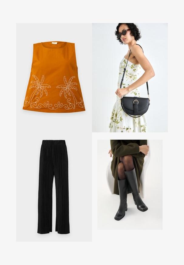 Top arancione senza maniche con ricami bianchi di palme e motivi ondulati all'orlo. Tessuto di cotone morbido, scollo rotondo e vestibilità comoda.; Pantaloni neri a plissé con vita elasticizzata. Presentano gamba ampia e un tessuto liscio e texture con strisce verticali.; Stivali neri in pelle alti fino al ginocchio con punta squadrata e tacco a blocco, mostrati con un modello seduto in un cappotto verde oliva. Texture liscia, dettagli minimi.; Borsa a tracolla nera in pelle con una forma curva, manico rimovibile e accessori dorati. La borsa presenta una patta con un dettaglio a fibbia.