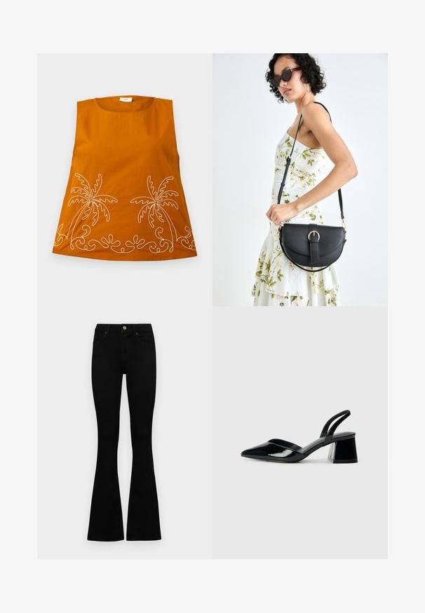 Oranssi hihaton paita, jossa on valkoisia palmupuun brodeerauksia ja aaltoilevia kuvioita helmassa. Sujuva puuvillakangas, pyöreä pääntie ja rento istuvuus.; Mustat korkeavyötäröiset farkut nappi- ja vetskariyläosalla, etutaskuilla ja levenevillä lahkeilla, asetettuna tasaisesti valkoista taustaa vasten.; Mustat patentoitu nahkakengät, joissa on säären takaosa ja terävä kärki, sekä geometrinen palikkakorko. Sisältää tyylikkään, minimalistisen muotoilun ja sileän pinnan.; Musta nahkainen käsilaukku, joka on kaareva muotoilultaan, irrotettavalla hihnalla ja kultaisilla yksityiskohdilla. Laukussa on läppä, jossa on solk yksityiskohta.
