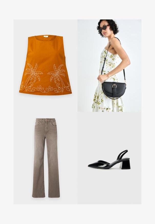 Orange ärmlös topp med vit palmtoppsbroderi och vågiga mönster i nederkanten. Slät bomullstyg, rundad halsringning och avslappnad passform.; Bruna högmidjade rakbenade jeans med framknapp, bältesöglor och klassisk femfickorsdesign på vit bakgrund.; Svarta lackläder slingback klackar med spetsig tå och geometrisk klack. Har en elegant, minimalistisk design och slät yta.; Svart läderhandväska med en böjd form, avtagbar rem och guldiga detaljer. Väskan har ett lock med en spänndetalj.